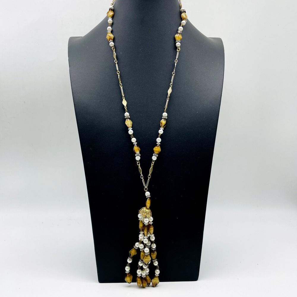 Faux Pearl Brown Beaded Tassel Necklace Gold Tone Long Statement Jewelry